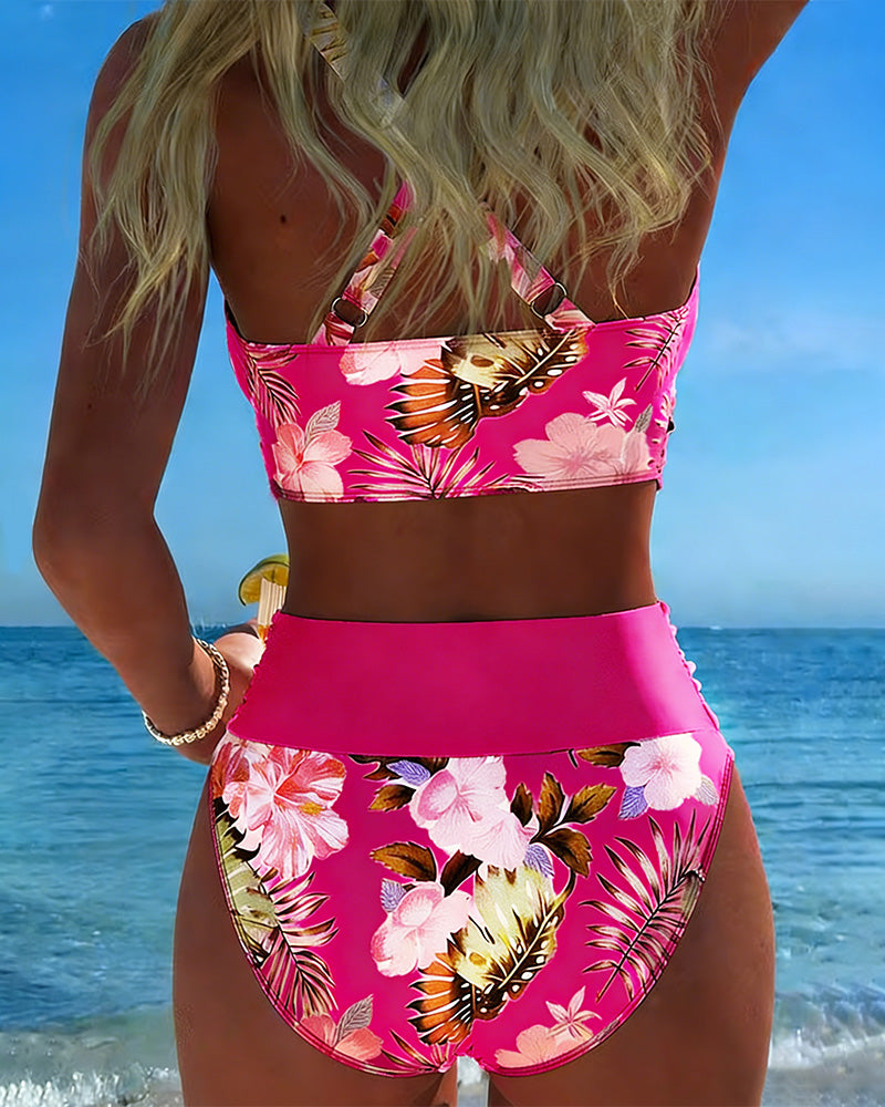 Bikini su Kontrastingu Gėlių Raštu ir Skeltuku