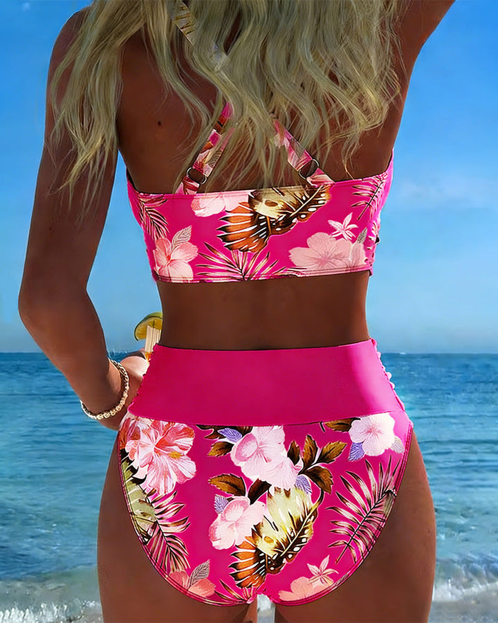 Bikini su Kontrastingu Gėlių Raštu ir Skeltuku