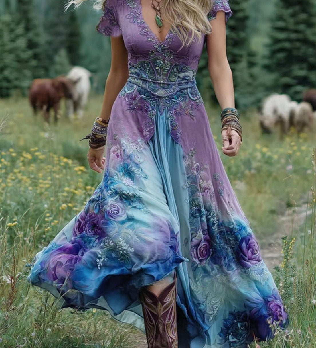 Gėlėta Maxi Suknelė