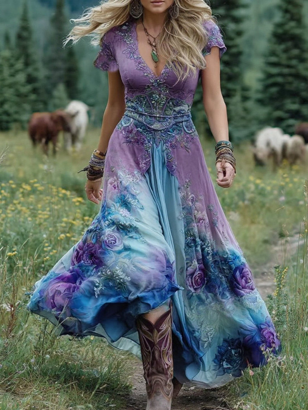 Gėlėta Maxi Suknelė