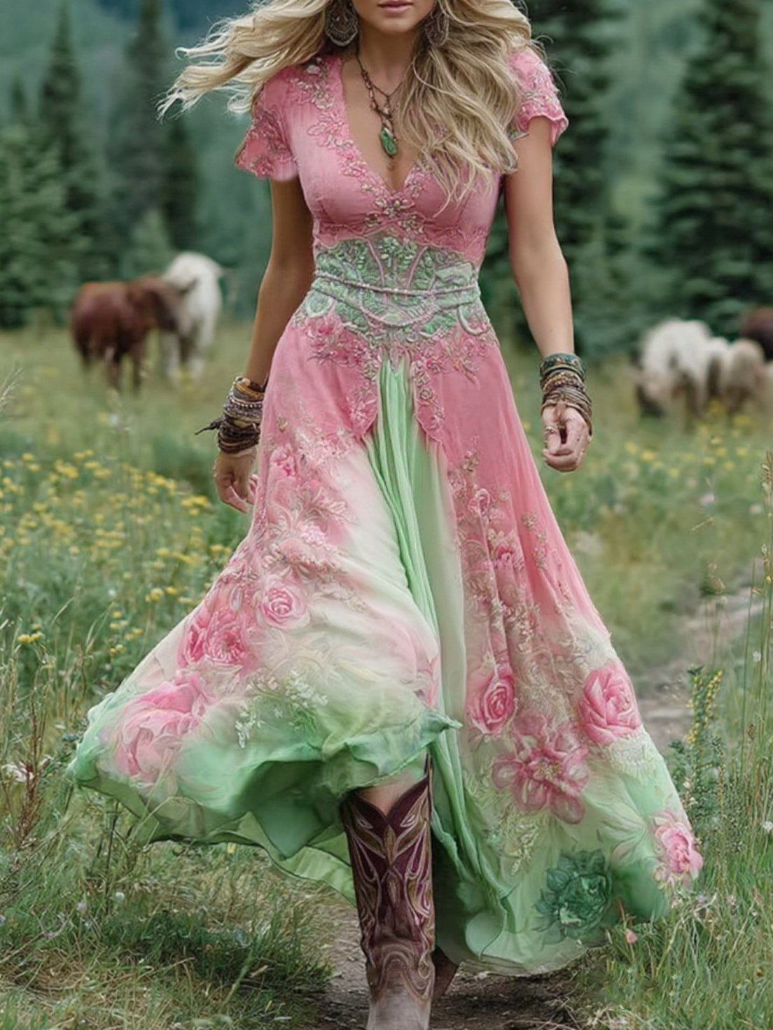 Gėlėta Maxi Suknelė