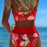Bikini su Kontrastingu Gėlių Raštu ir Skeltuku