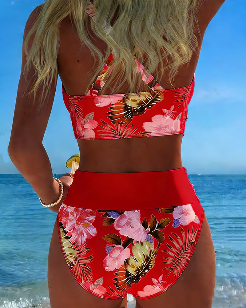 Bikini su Kontrastingu Gėlių Raštu ir Skeltuku