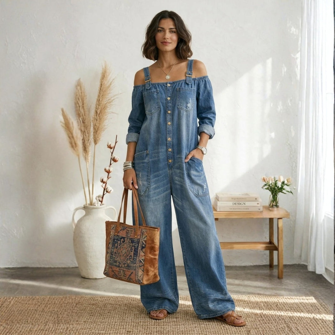 Džinsinis Jumpsuit su Atvirais Pečiais