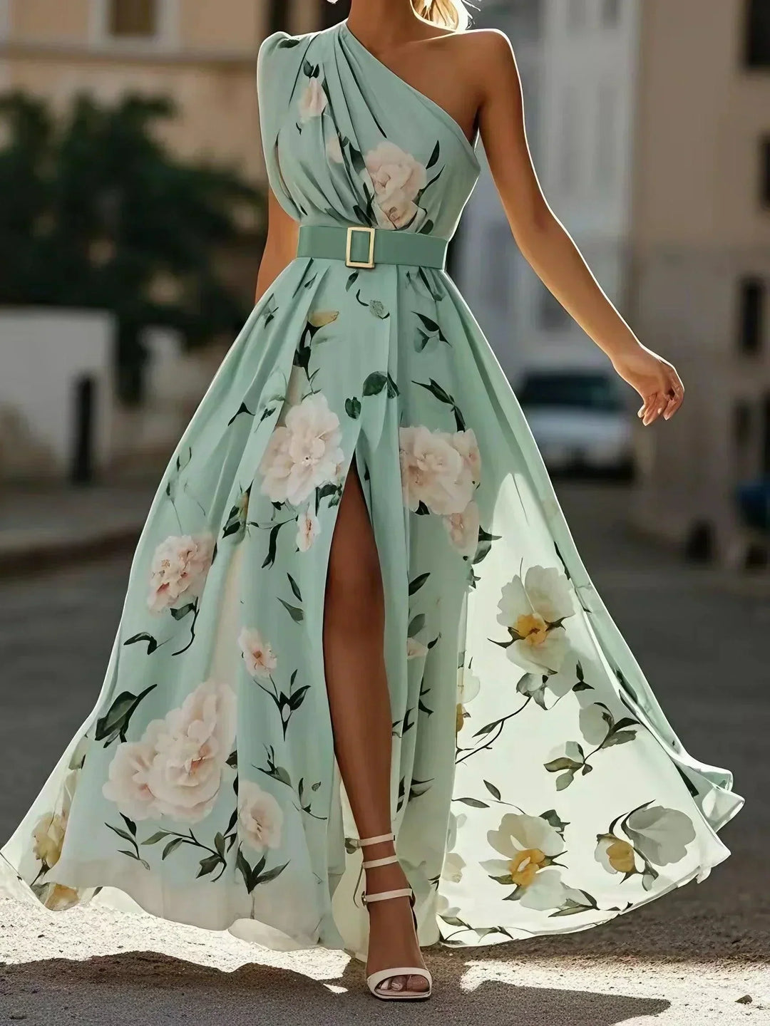 Amelie | Maxikleid Chiffon su gėlių raštu ir atviromis pečių dalimis šviesiai žalia