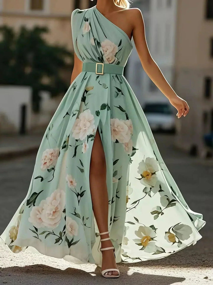 Amelie | Maxikleid Chiffon su gėlių raštu ir atviromis pečių dalimis šviesiai žalia