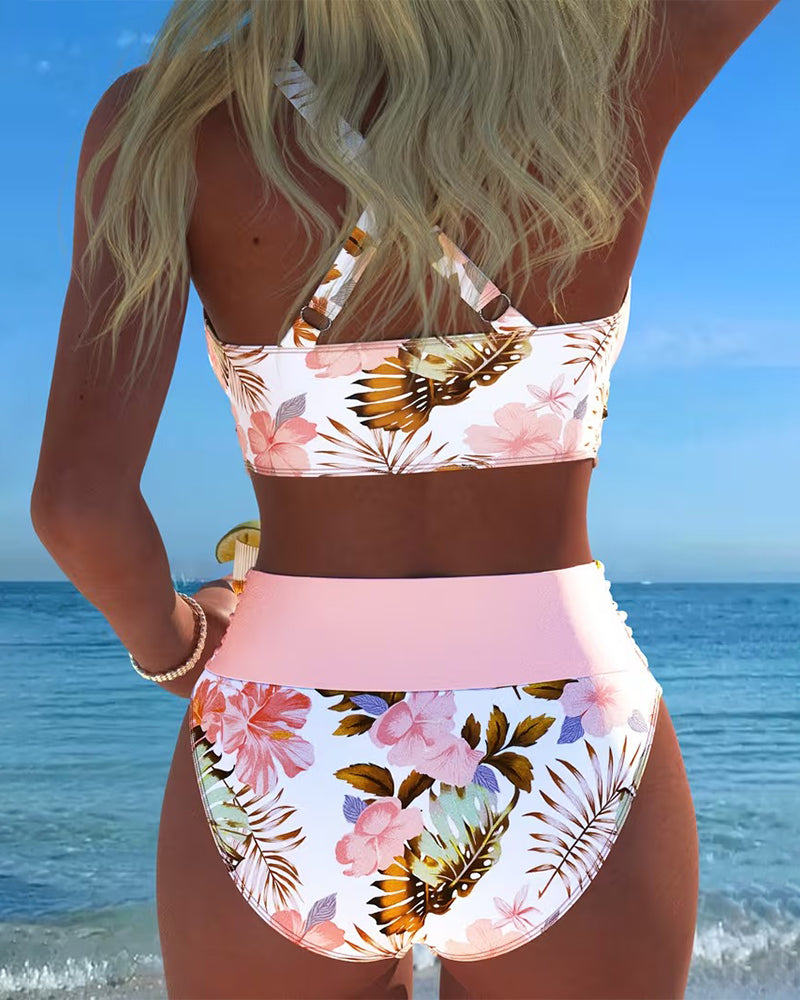 Bikini su Kontrastingu Gėlių Raštu ir Skeltuku