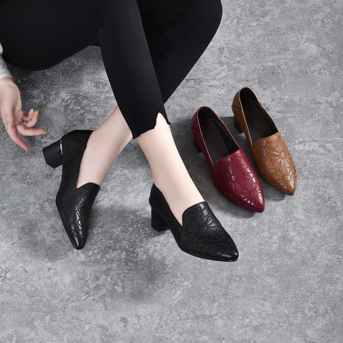 Vegan Leather High Heels with Delicate Embroidery