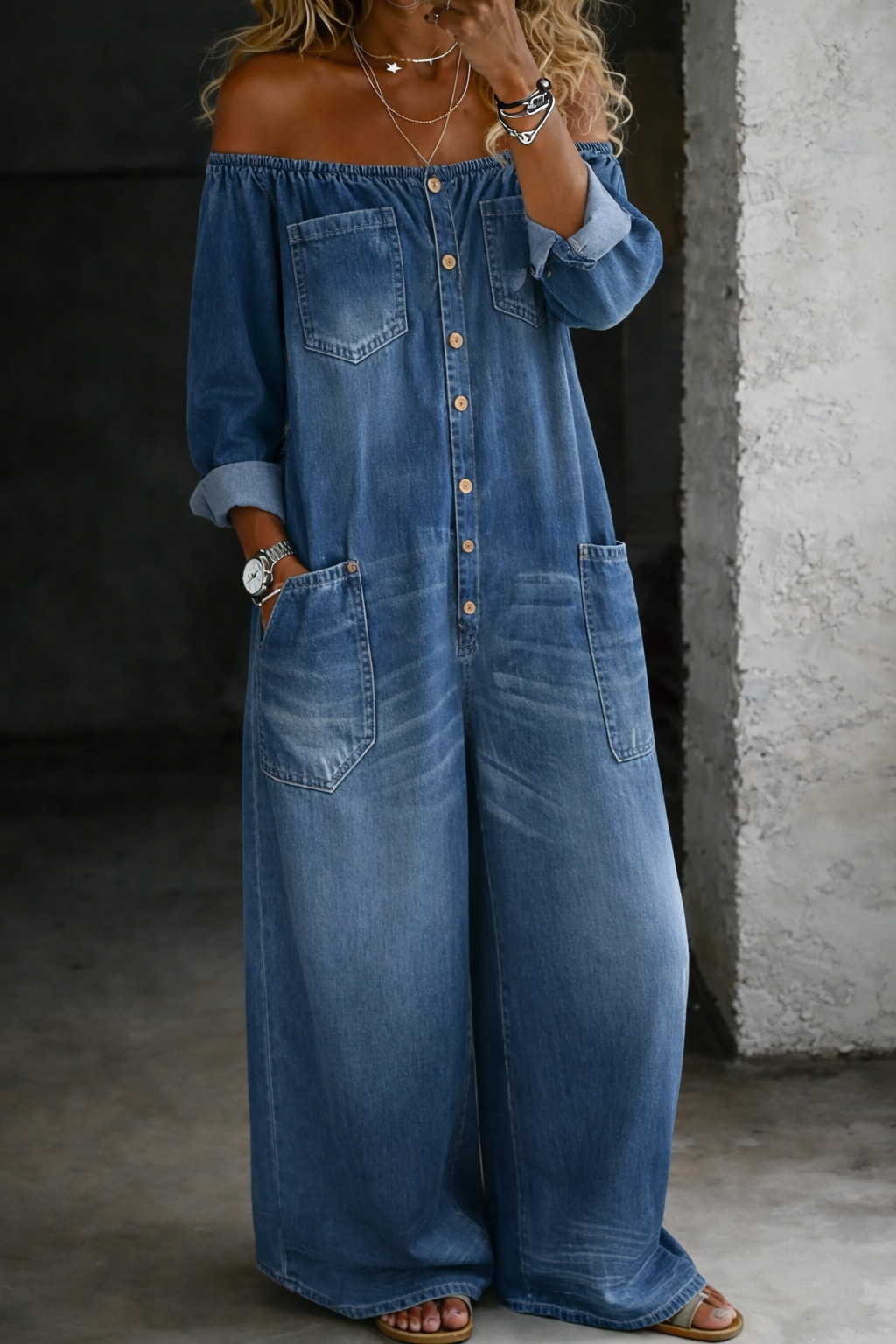 Jumpsuit su Ilgomis Rankovėmis ir Atidengtais Pečiais
