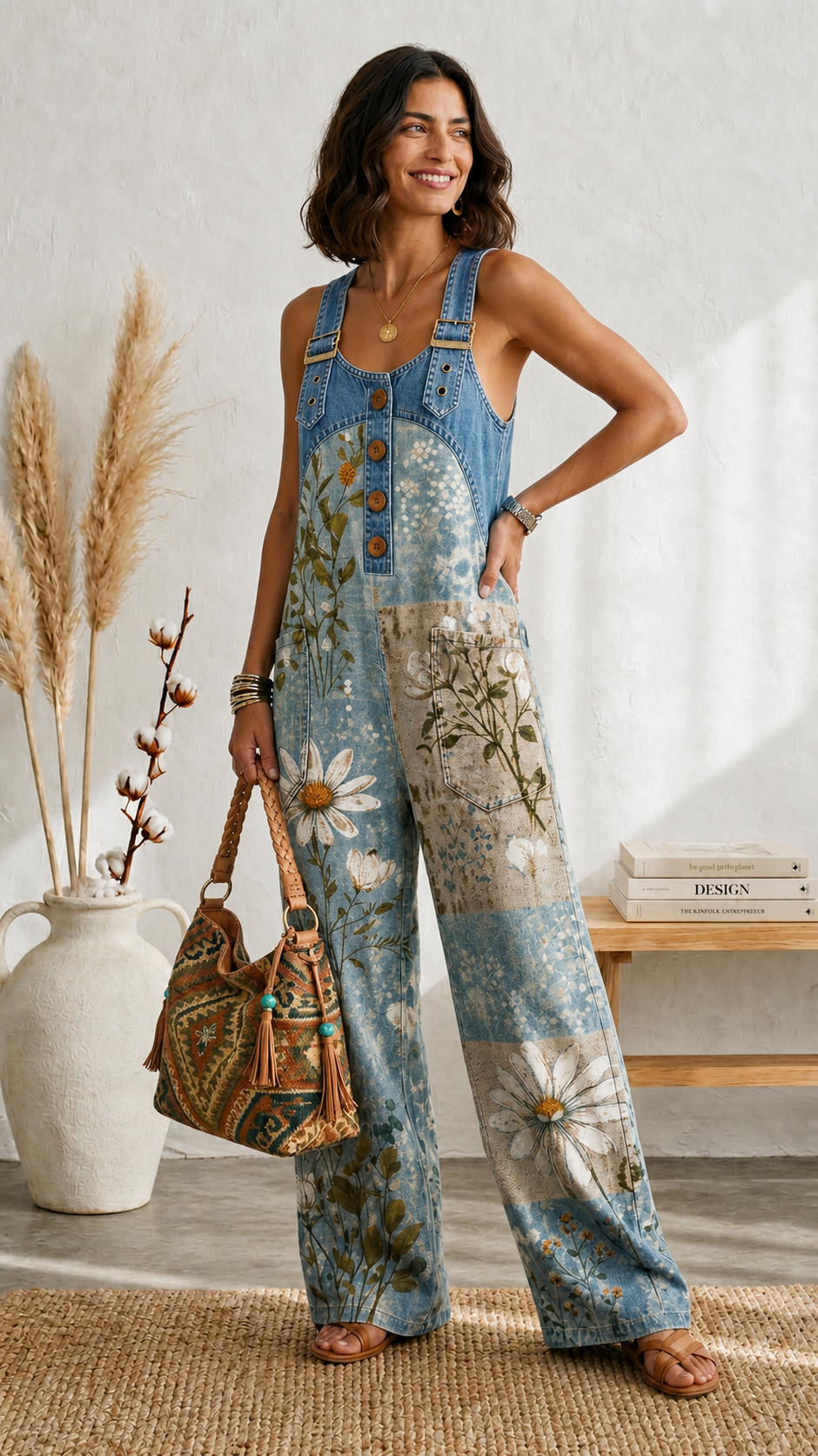 Denim Floral Jumpsuit