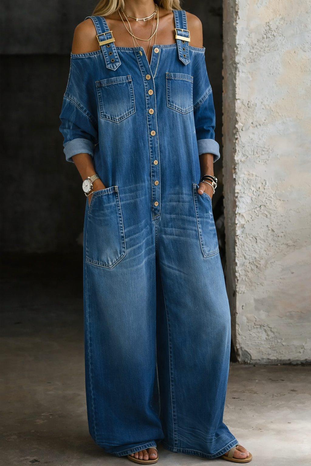 Off-Shoulder Denim Jumpsuit