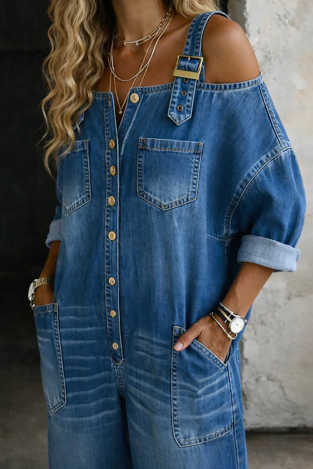 Off-Shoulder Denim Jumpsuit