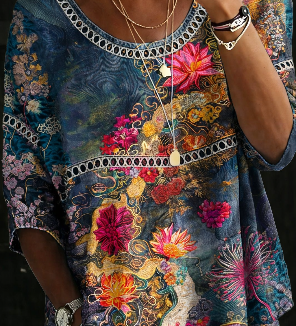 Retro Floral Denim Blouse