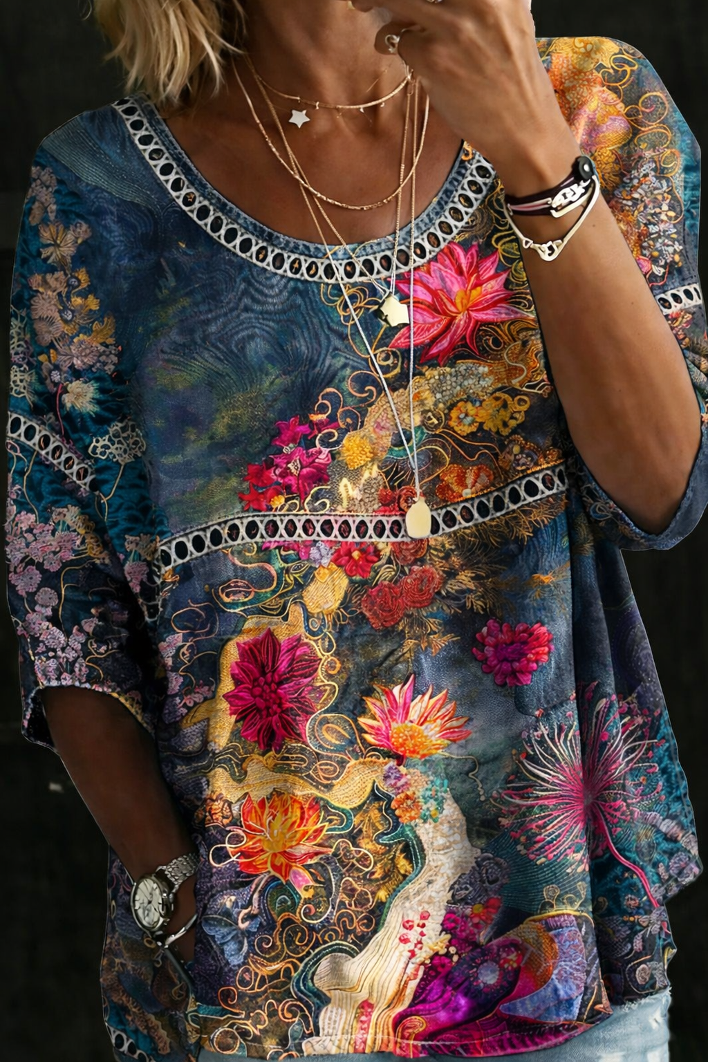 Retro Floral Denim Blouse