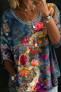 Retro Floral Denim Blouse