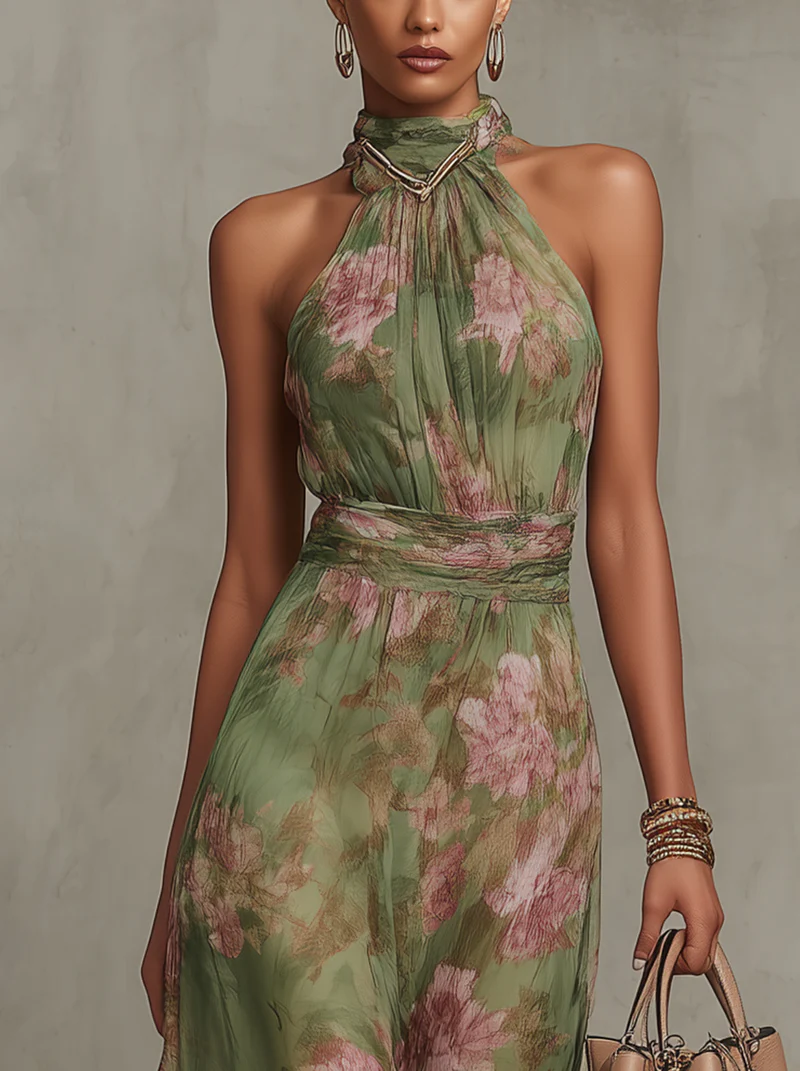 Emma | Maxikleid Chiffon su gėlių raštu žalia su atvira nugarėle