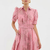 Ilga Žakardo Suknelė su Gėlėmis ir Diržu