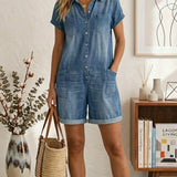 Trumpas Džinsinis Jumpsuit (Mėlyna)